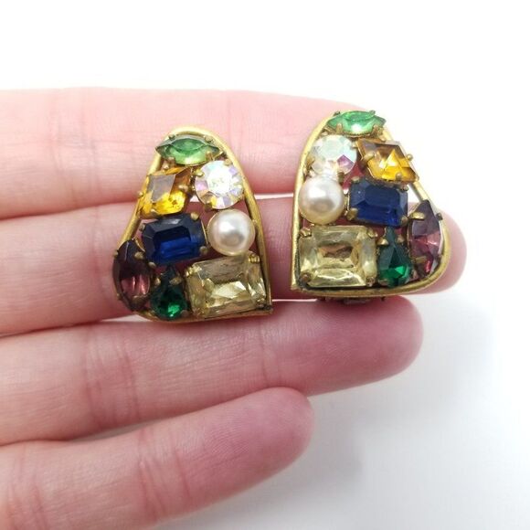 Vintage Rhinestone Cluster Clip On Earrings, Made in Germany US Zone, Colorful - Picture 2 of 7